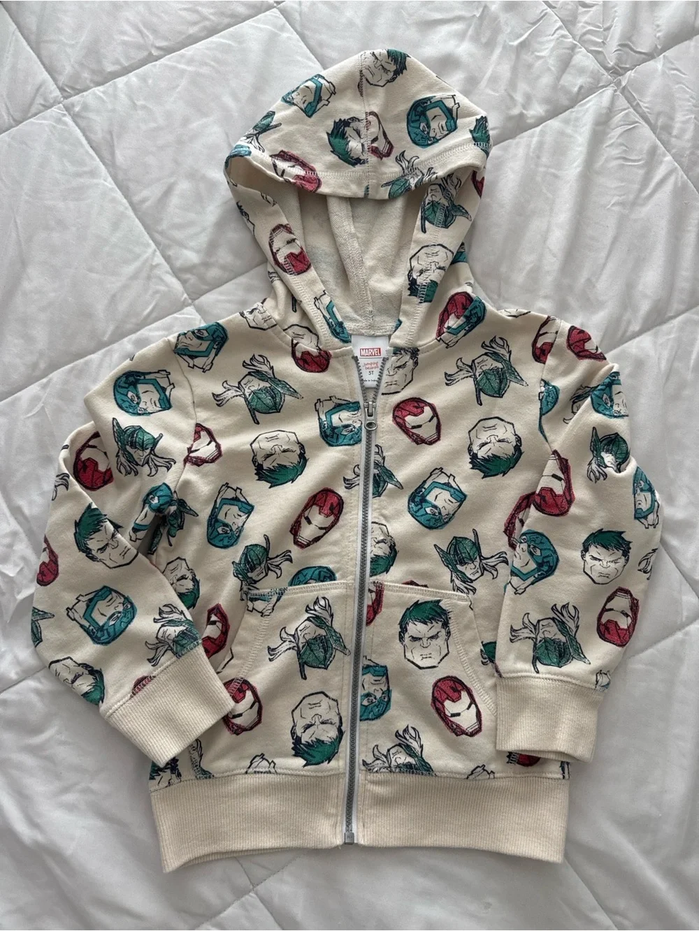 Marvel Cream Zip-Up Hoodie with Red & Teal Superhero Faces